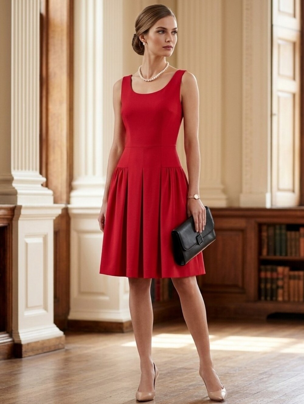 Tahari tulip red pleated drop waist dress 8 $128